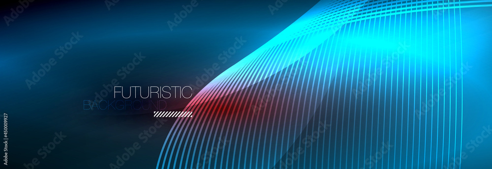 Abstract neon glowing light in the dark with waves. Shiny magic energy and motion concept, vector abstract wallpaper background Abstract neon glowing light in the dark with waves. Shiny magic energy and motion concept, vector abstract wallpaper background