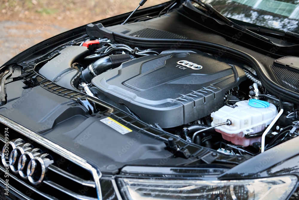 GRODNO, BELARUS - DECEMBER 2019: Audi A6 4G, C7 2.0 TDI 190 Hp 2016 diesel  motor compartment of modern luxury car closeup engine left side view.  Internal combustion engine, car parts, detailing. Stock Photo | Adobe Stock