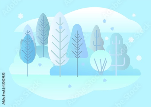 Winter forest landscape. Flat style symbolic illustration. Scenery with trees, shrubs and snowdrifts. Rural wildlife. Countryside view with frost. Beautiful art picture. Vector