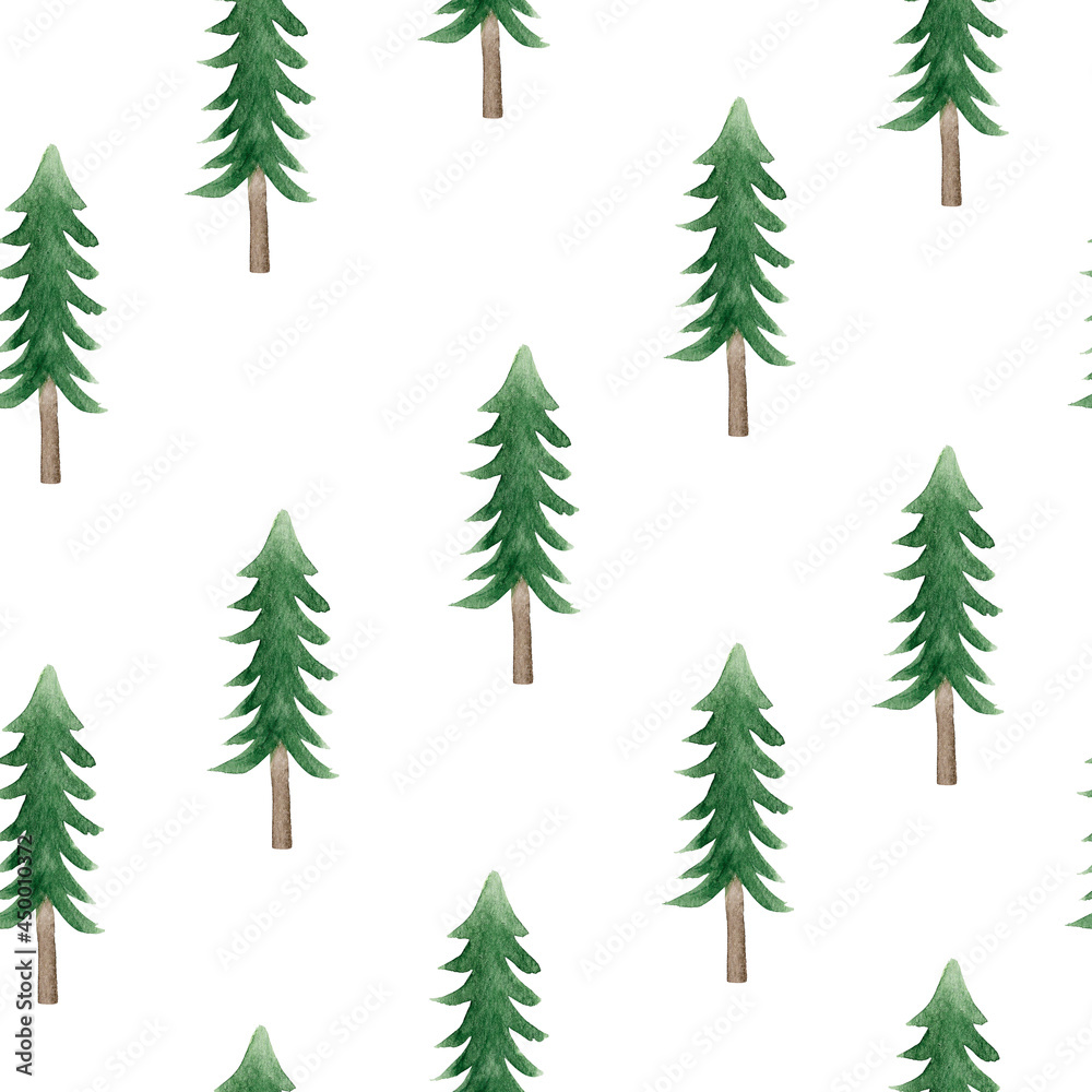 Christmas trees geometric watercolor seamless pattern. Template for decorating designs and illustrations.
