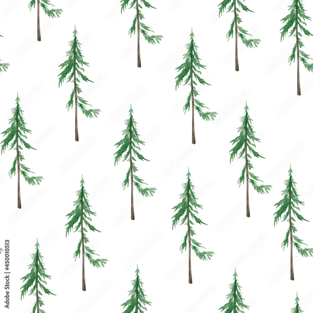 Pine forest watercolor seamless pattern. Template for decorating designs and illustrations.
