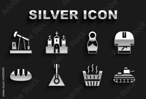 Set Balalaika, Kosovorotka, Military tank, Sauna bucket, Bread loaf, Russian doll matryoshka, Oil pump pump jack and Church building icon. Vector
