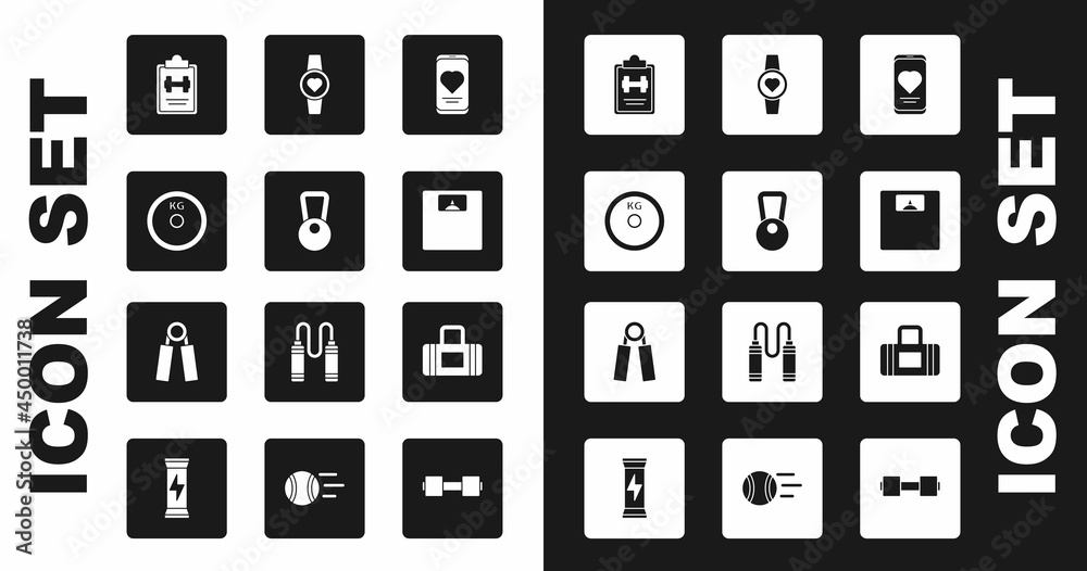 Set Mobile with heart rate, Kettlebell, Weight plate, Sport training program, Bathroom scales, Smartwatch, bag and expander icon. Vector Set Mobile with heart rate, Kettlebell, Weight plate, Sport training program, Bathroom scales, Smartwatch, bag and expander icon. Vector