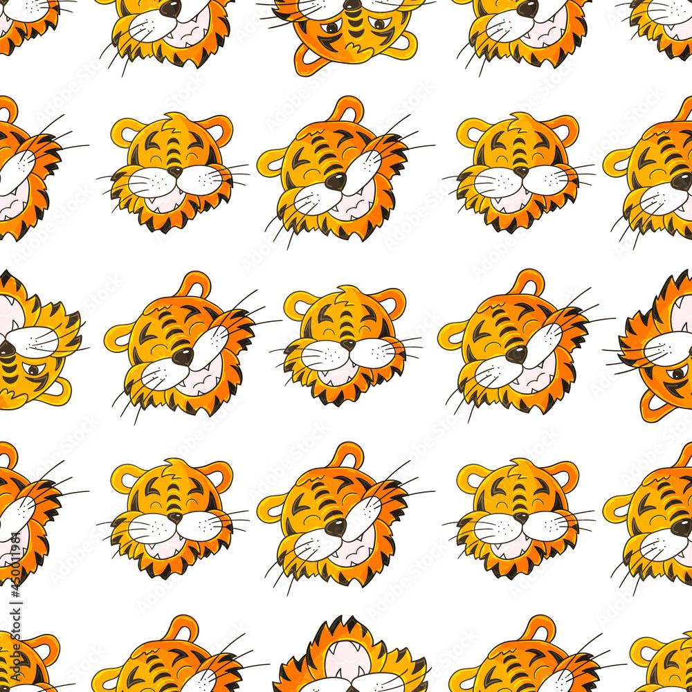 Seamless vector pattern with tigers faces. Pattern in hand draw style. New Year 2022 Seamless vector pattern with tigers faces. Pattern in hand draw style. New Year 2022