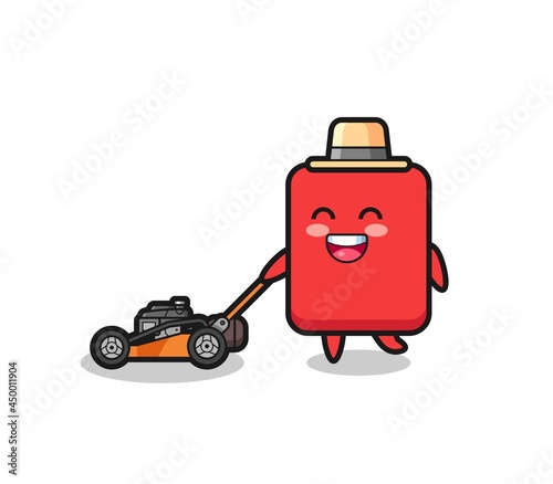 illustration of the red card character using lawn mower