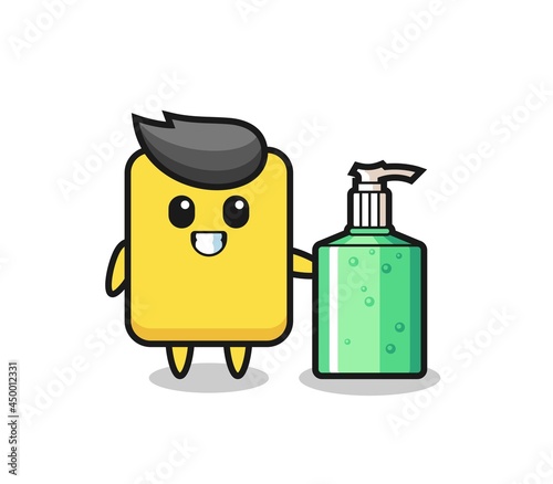 cute yellow card cartoon with hand sanitizer