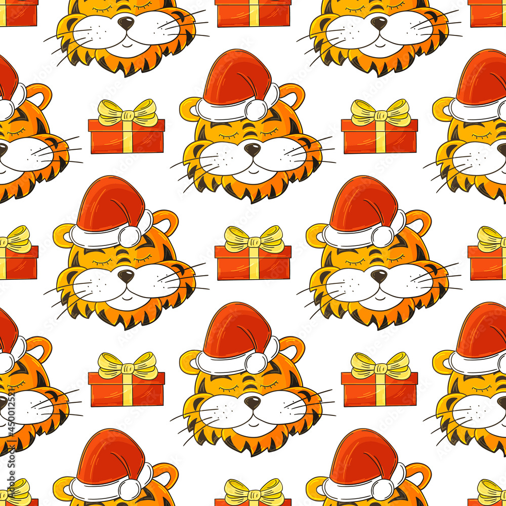 Obraz premium Seamless vector pattern with tigers heads in New Year's hats, gifts. 2022. Can be used for fabric, packaging