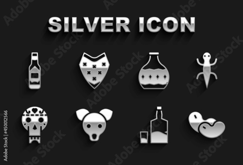 Set Dog, Lizard, Beans, Tequila bottle and glass, Mexican skull, Tabasco sauce and Poncho icon. Vector