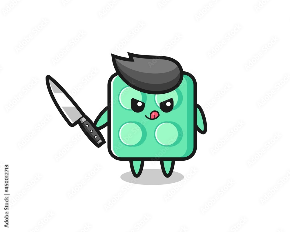 cute brick toy mascot as a psychopath holding a knife