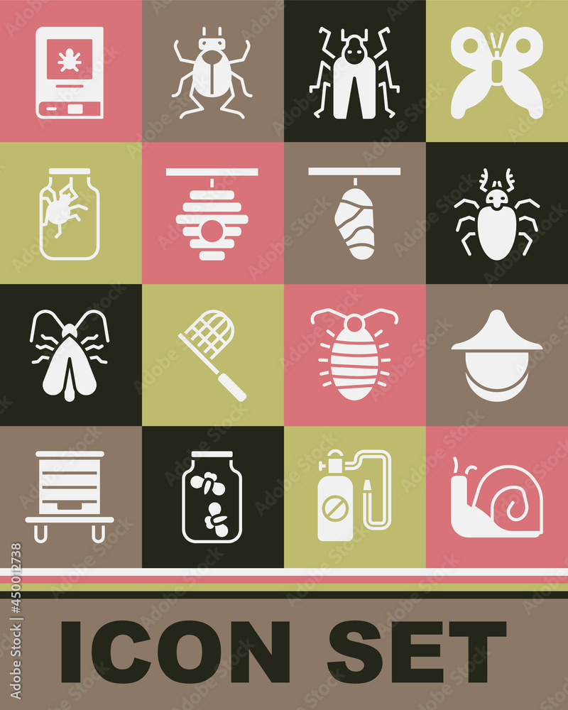 Set Snail, Beekeeper hat, Beetle deer, bug, Hive for bees, Spider in jar, Book about insect and Butterfly cocoon icon. Vector Set Snail, Beekeeper hat, Beetle deer, bug, Hive for bees, Spider in jar, Book about insect and Butterfly cocoon icon. Vector