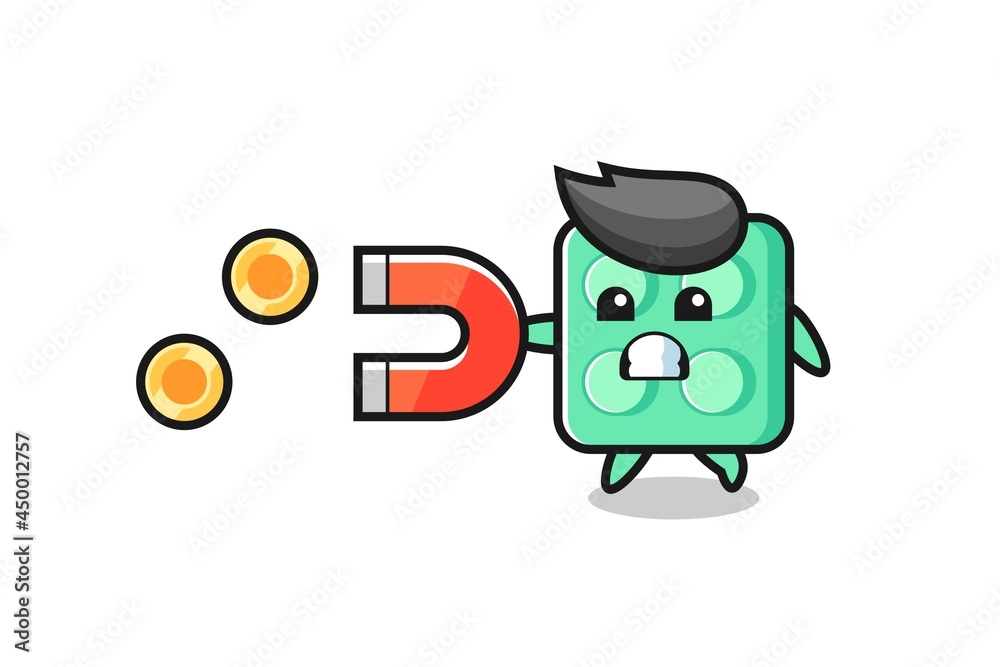 the character of brick toy hold a magnet to catch the gold coins the character of brick toy hold a magnet to catch the gold coins