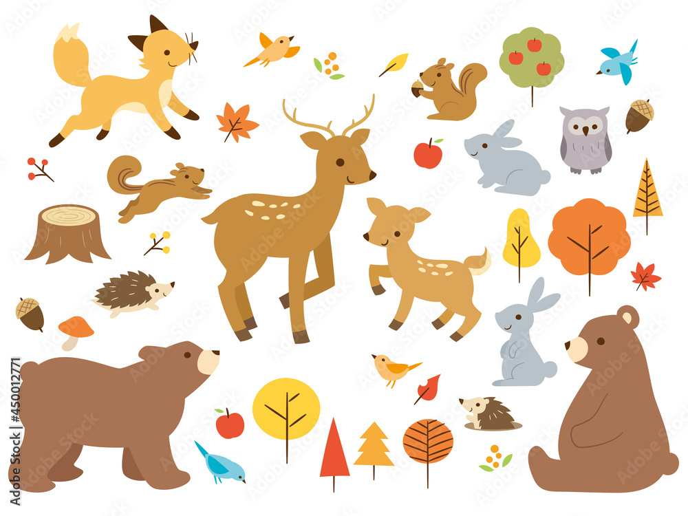 かわいい秋の森の動物セット　Autumn forest animals vector illustration