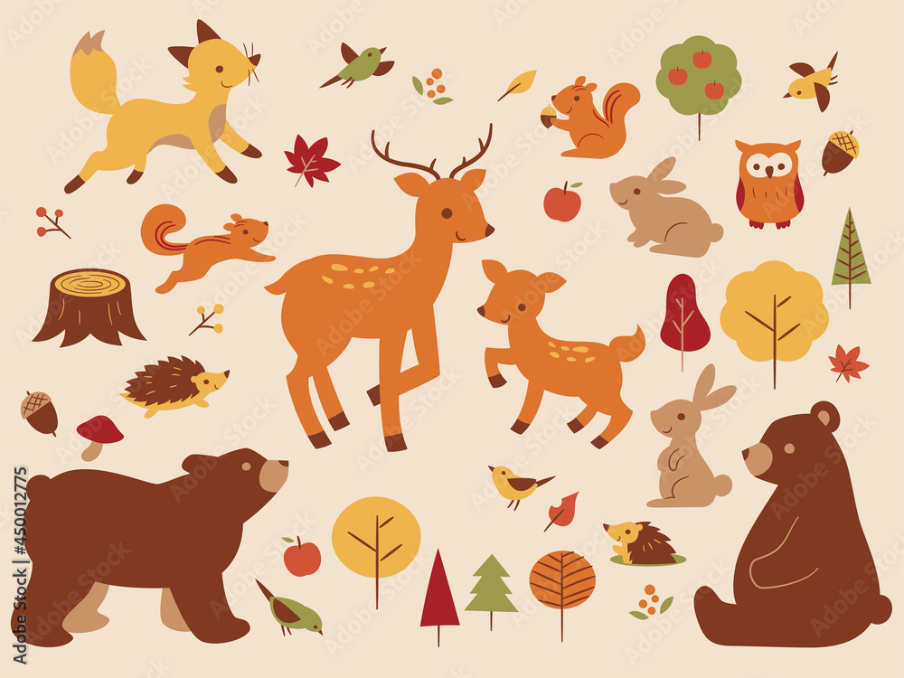 Fototapeta premium かわいい秋の森の動物セット Autumn forest animals vector illustration