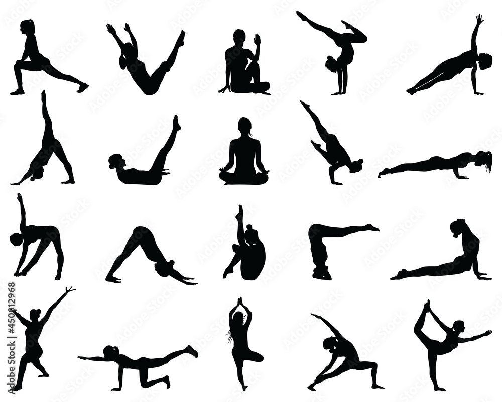 Black silhouettes of yoga and fitness on a white background	