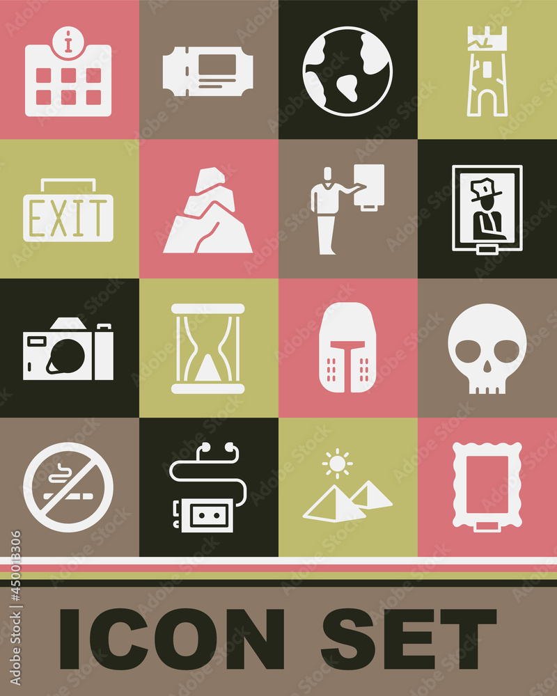 Set Picture, Human skull, Portrait in museum, Earth globe, Rock stones, Exit sign, Information and Museum guide icon. Vector Set Picture, Human skull, Portrait in museum, Earth globe, Rock stones, Exit sign, Information and Museum guide icon. Vector