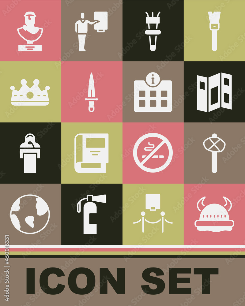 Set Viking in horned helmet, Stone age hammer, Museum guide brochure, Torch flame, Dagger, King crown, Ancient bust sculpture and Information icon. Vector Set Viking in horned helmet, Stone age hammer, Museum guide brochure, Torch flame, Dagger, King crown, Ancient bust sculpture and Information icon. Vector