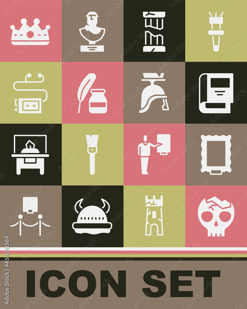 Set Broken human skull, Picture, History book, ancient column, Feather and inkwell, Museum audio guide, King crown and Roman army helmet icon. Vector Set Broken human skull, Picture, History book, ancient column, Feather and inkwell, Museum audio guide, King crown and Roman army helmet icon. Vector