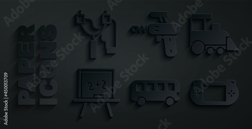 Set Bus toy, Toy train, Chalkboard, Portable video game console, Ray gun and Slingshot icon. Vector