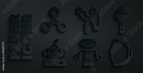 Set Robot toy, Rattle baby, Bow, Slingshot and Fidget spinner icon. Vector