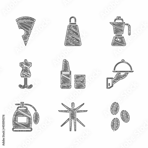 Set Lipstick, Vitruvian Man, Coffee beans, Covered with tray food, Perfume, Mannequin, moca pot and Slice pizza icon. Vector