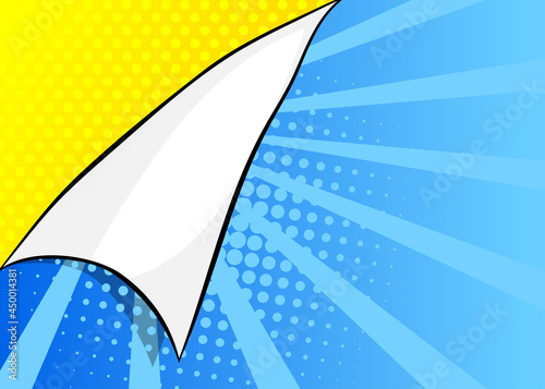 Retro comic background with turning paper corner. Rays and halftone dots, cartoon pop art style wallpaper. Vector illustration, colored template.