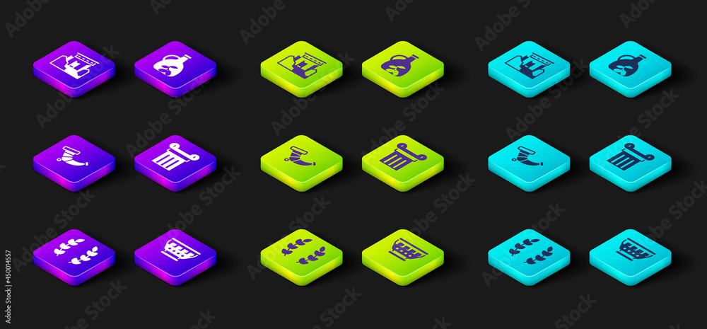 Set Laurel wreath, Greek ancient bowl, Hunting horn, Ancient column, Bottle of olive oil and ruins icon. Vector Set Laurel wreath, Greek ancient bowl, Hunting horn, Ancient column, Bottle of olive oil and ruins icon. Vector