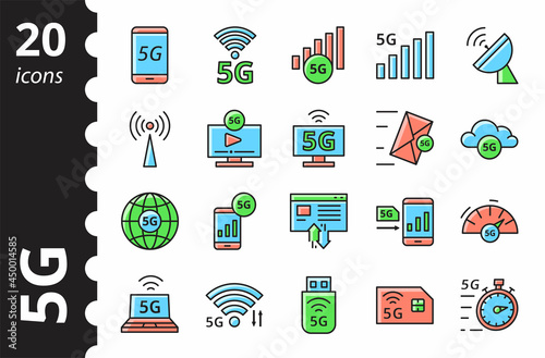 5G technology icons set. New mobile network, high speed connection. Vector infographic in color. Editable strokes.