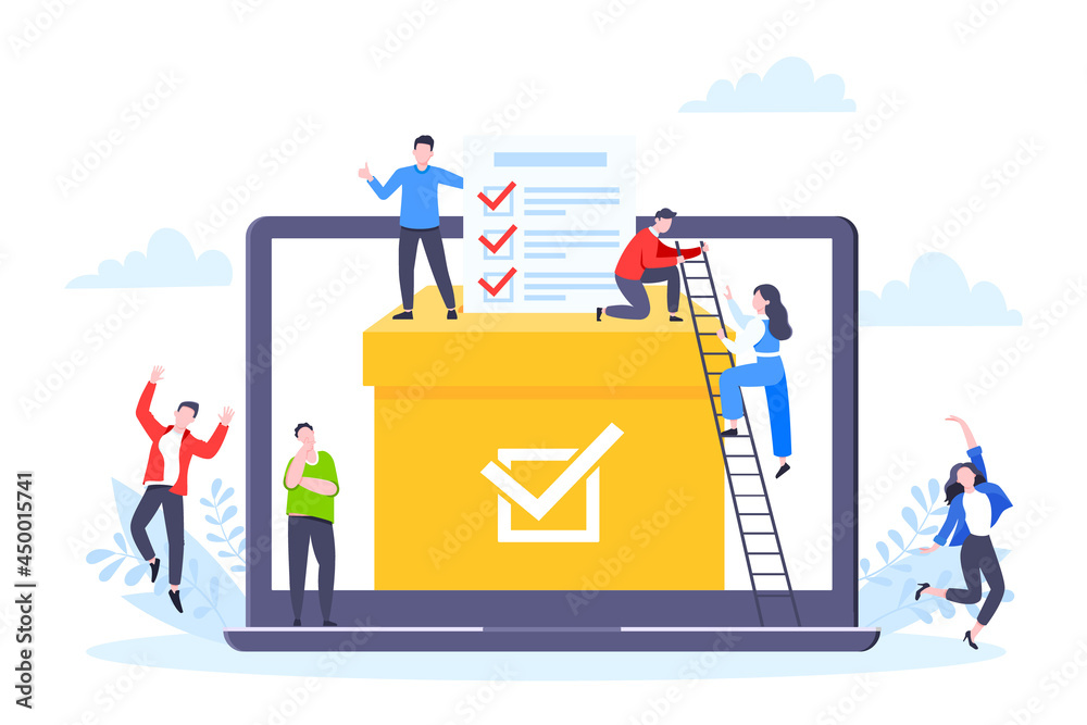 Online voting concept flat style design vector illustration. Tiny people with voting poll online survey working together. Concept of electronic voting modern system political competition and election.