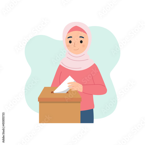 Muslim woman insert envelope to a box for charity or voting