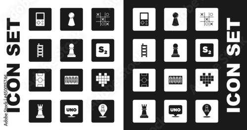 Set Tic tac toe game, Chess, Mahjong pieces, Tetris, Bingo, Chip for board, Pixel hearts and Hockey table icon. Vector