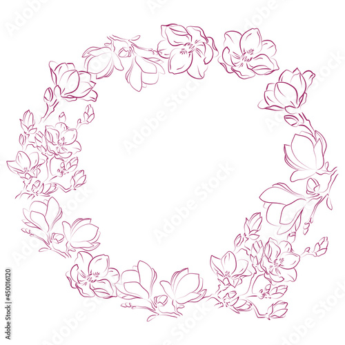 Elegant outline sketching of magnolia flowers, vector illustration, seamless pattern