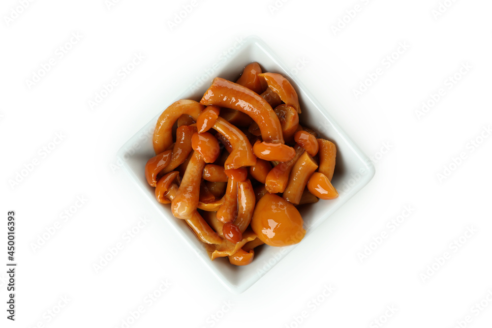 Fototapeta premium Bowl of marinated mushrooms isolated on white background