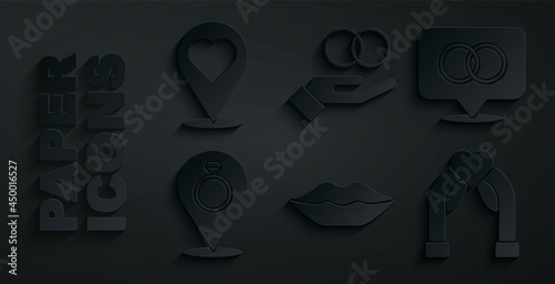 Set Smiling lips, Wedding rings, arch, and Location with heart icon. Vector