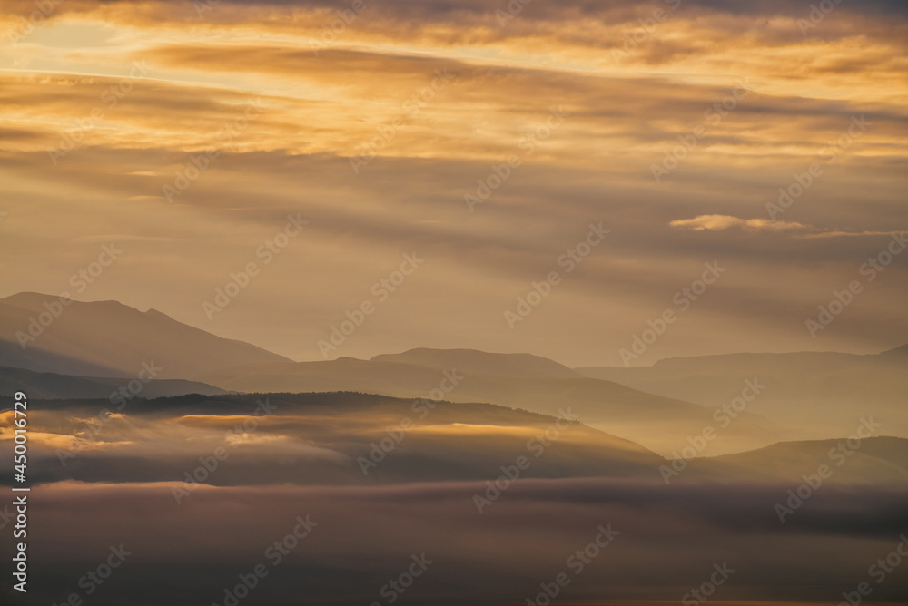 Scenic dawn mountain landscape with golden low clouds in valley among mountains silhouettes under cloudy sky. Vivid sunset or sunrise scenery with low clouds in mountain valley in illuminating color.