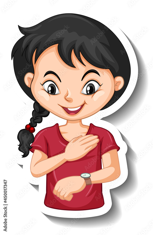 Sticker a girl cartoon character looking at wristwatch Sticker a girl cartoon character looking at wristwatch