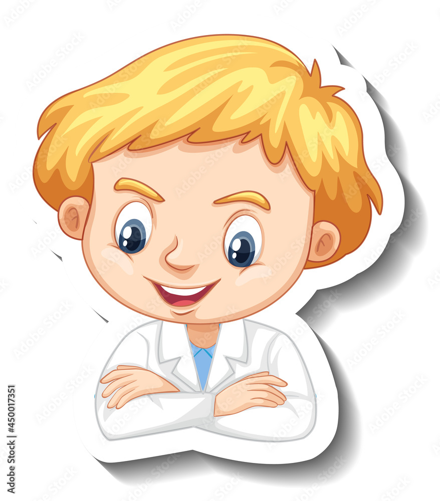 Portrait of a boy in science gown cartoon character sticker