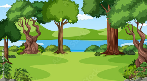 Blank forest at daytime scene with various forest trees