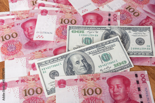 Chinese paper currency Yuan bill background. China or economy of growth world financial business, US trade war concept.