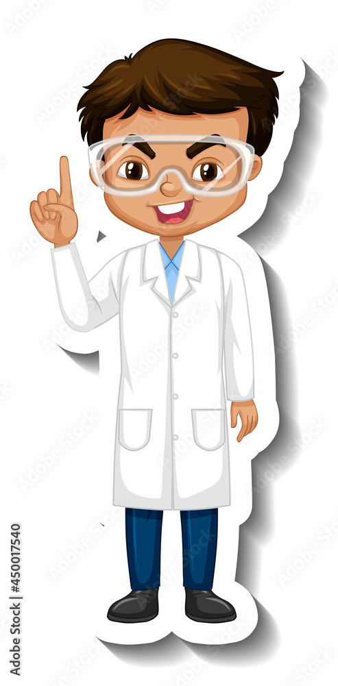 Cartoon character sticker with a boy in science gown Cartoon character sticker with a boy in science gown