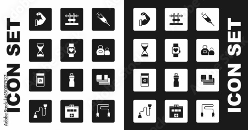 Set Doping syringe, Smart watch, Old hourglass, Bodybuilder muscle, Kettlebell, Bench with barbel, Towel stack and Anabolic drugs icon. Vector