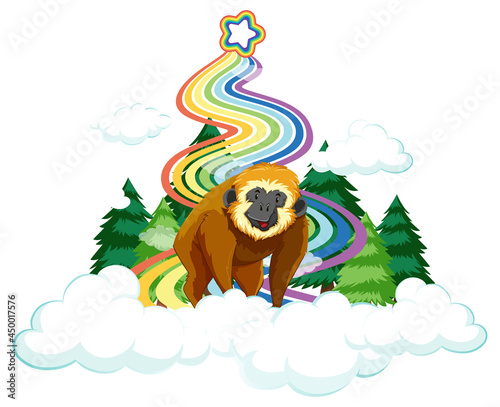 A gibbon on the cloud with rainbow on white background