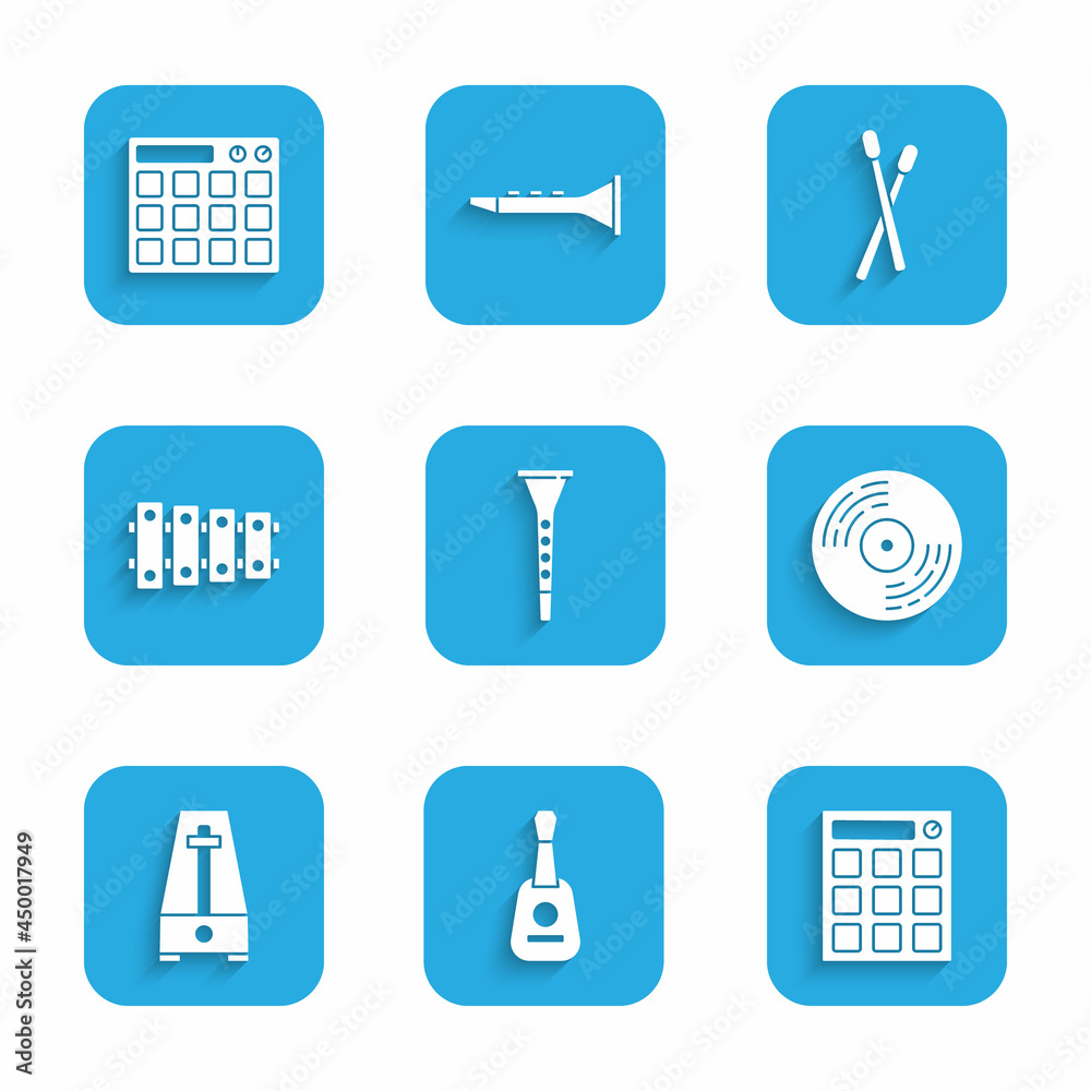 Set Clarinet, Guitar, Drum machine, Vinyl disk, Metronome with pendulum, Xylophone, sticks and icon. Vector Set Clarinet, Guitar, Drum machine, Vinyl disk, Metronome with pendulum, Xylophone, sticks and icon. Vector