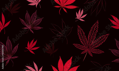 Vector Seamless Pattern - Modern Neon Orange Marijuana Leaves. Hand drawn Weed, Cbd background for the Packaging, Fabrics, Wrapping paper, Cosmetics