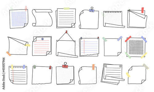 Doodle hand drawn memo notes and reminders vector illustration set. Simple drawing doodle style sketches of square paper sheets with curved corners cute diary design with clip, pins and duct tape.