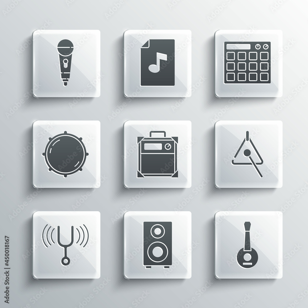 Set Stereo speaker, Banjo, Triangle, Guitar amplifier, Musical tuning fork, Dial knob level, Microphone and Drum machine icon. Vector Set Stereo speaker, Banjo, Triangle, Guitar amplifier, Musical tuning fork, Dial knob level, Microphone and Drum machine icon. Vector