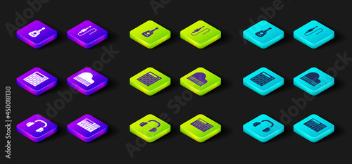 Set Headphones, Music synthesizer, Drum machine, Grand piano, Audio jack and Guitar icon. Vector