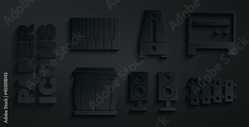 Set Stereo speaker, Guitar amplifier, Drum, Xylophone, Metronome with pendulum and Grand piano icon. Vector
