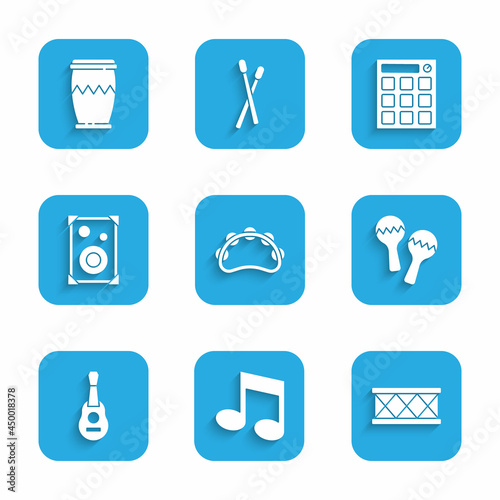 Set Tambourine, Music note, tone, Drum, Maracas, Guitar, Stereo speaker, machine and icon. Vector