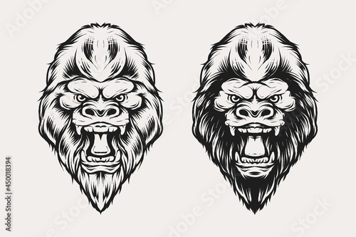 set of gorilla head vector illustration in vintage monochrome style