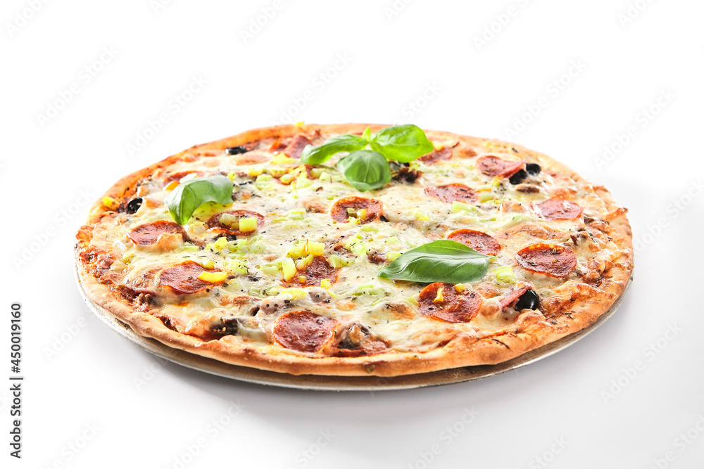 Pizza with Marbled Beef, Ham, Salami and Chorrizo Isolated Pizza with Marbled Beef, Ham, Salami and Chorrizo Isolated